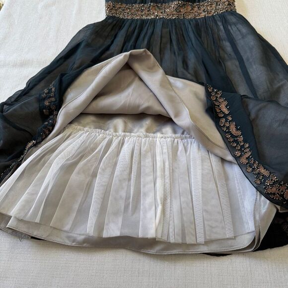 Adrianna Papell Navy Silk Pleated Babydoll Beaded Whimsigoth Grunge Prom Gown 6 - Picture 9 of 13